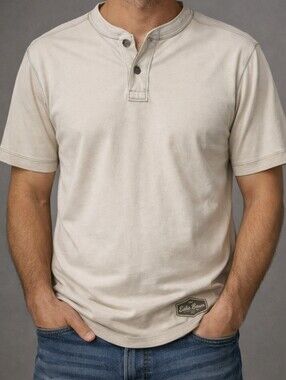 VTG EDDIE BAUER SHORT SLEEVE HENLEY CONTRASTING STITCHING. SZ. XXL TALL. PUMICE.